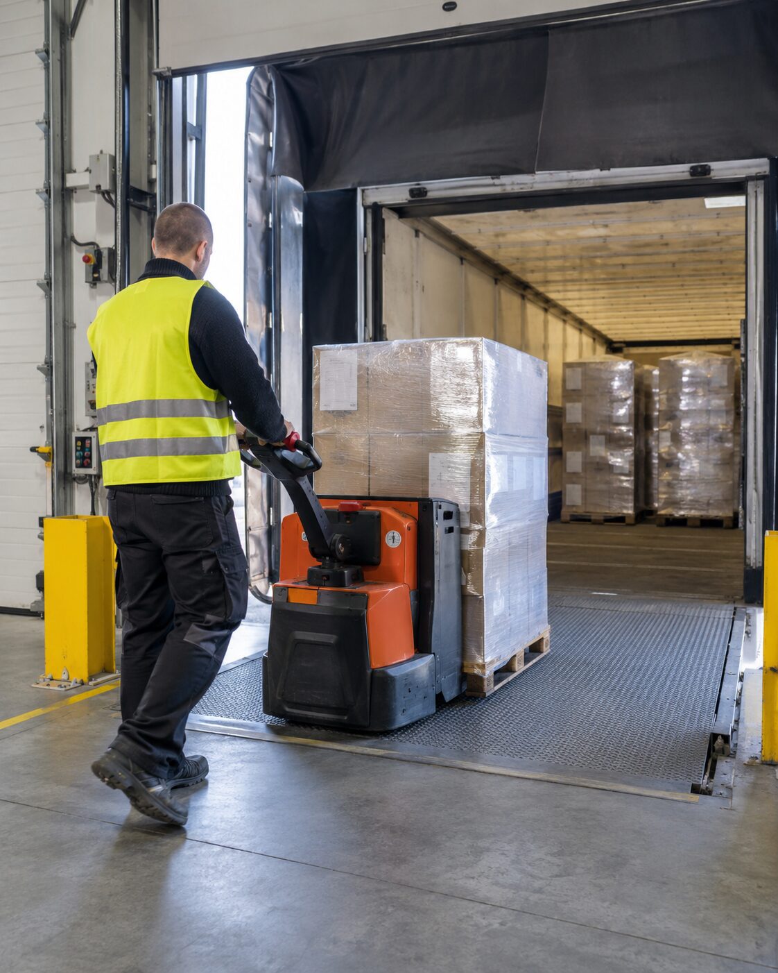 Magazijnmedewerker laadt pakketten met palletwagen